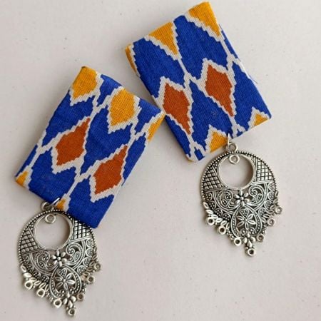 Blue Printed Rectangular Fabric Earrings